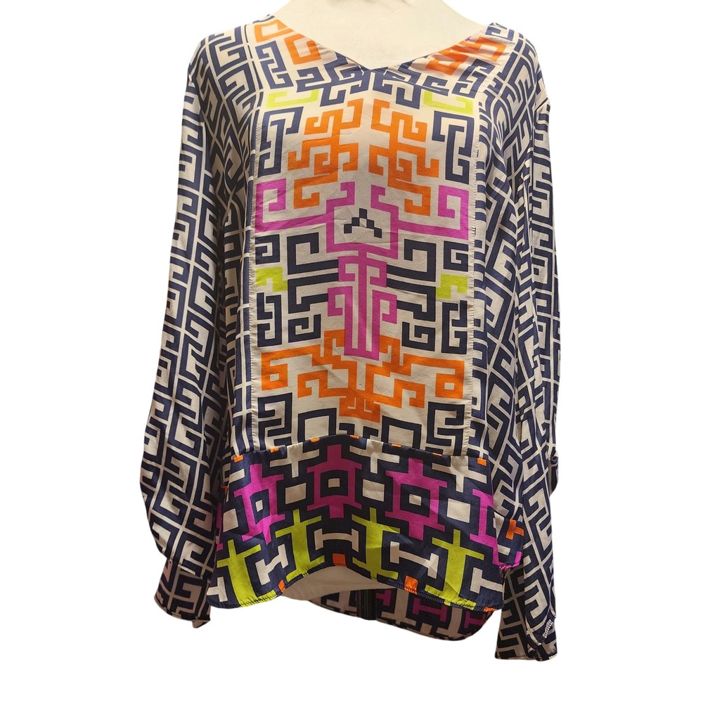 Alice + Trixie 100% Silk Geometric Greek Key Split Sleeve Tunic Blouse Size L